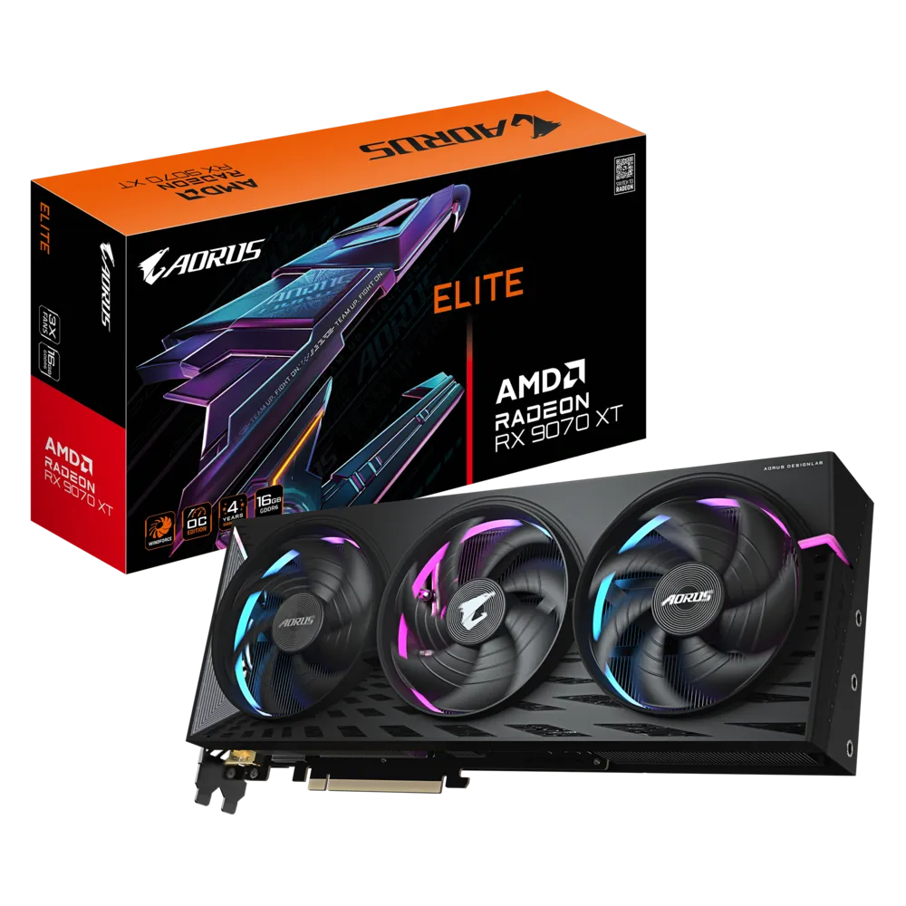 AORUS Radeon™ RX 9070 XT ELITE 16GB Graphics Card – Superior Performance with WINDFORCE Cooling and RGB Halo AORUS Radeon™ RX 9070 XT ELITE 16GB Graphics Card – Superior Performance with WINDFORCE Cooling and RGB Halo
